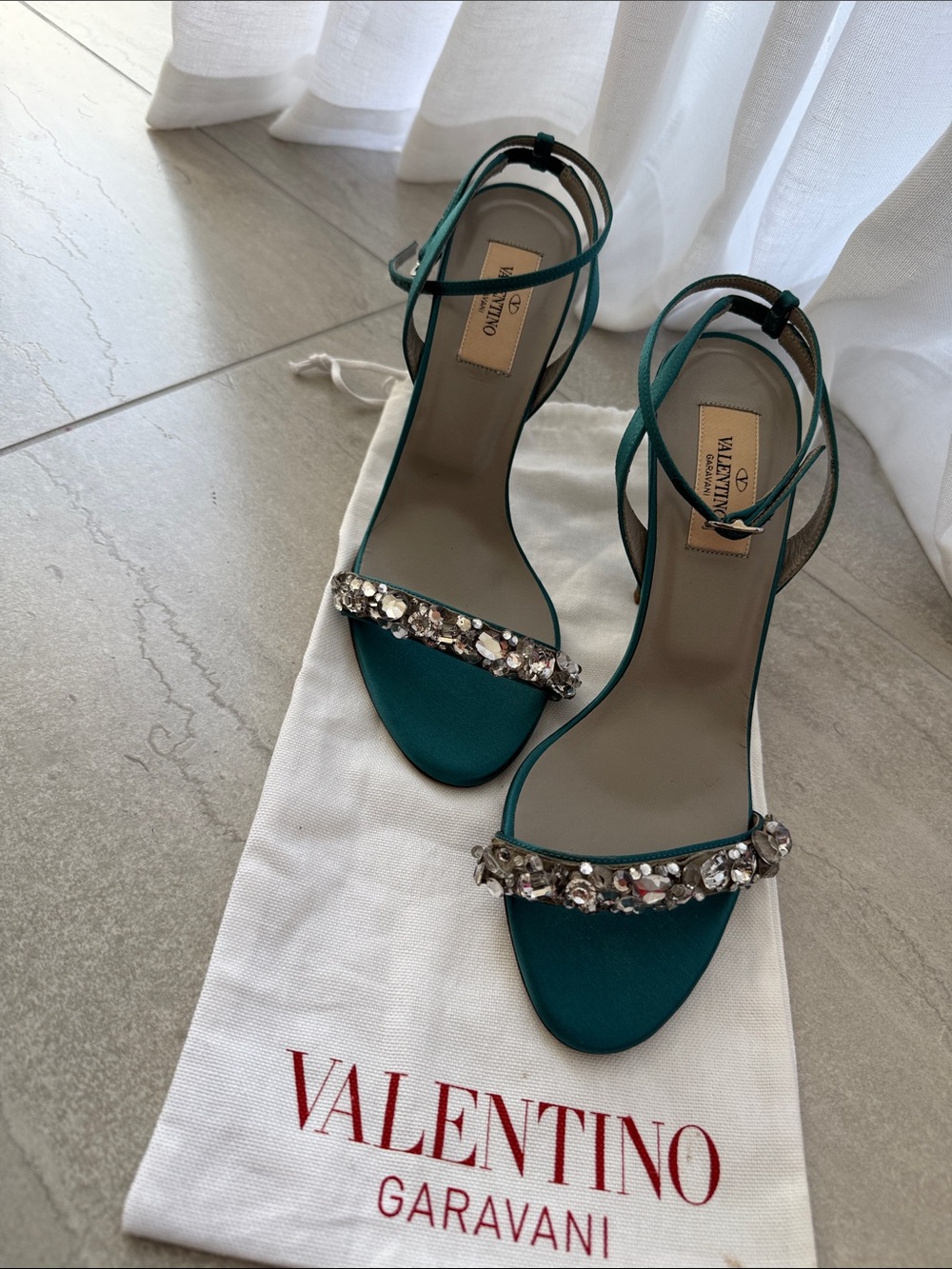 Valentino Garavani Teal Crystal-Embellished Satin Ankle-Strap Heels